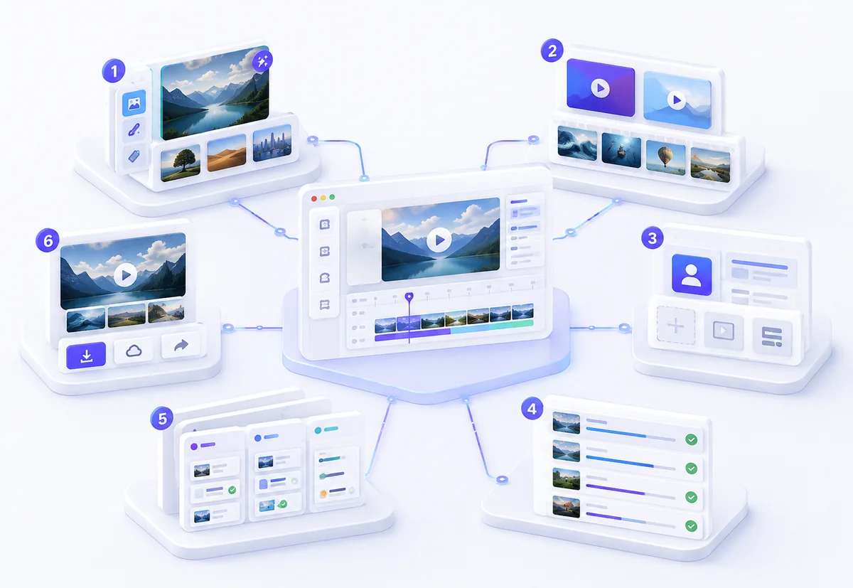 Một Studio trung tâm kết nối tạo ảnh, tạo video, nhân bản nội dung, hàng đợi dự án và xuất kết quả