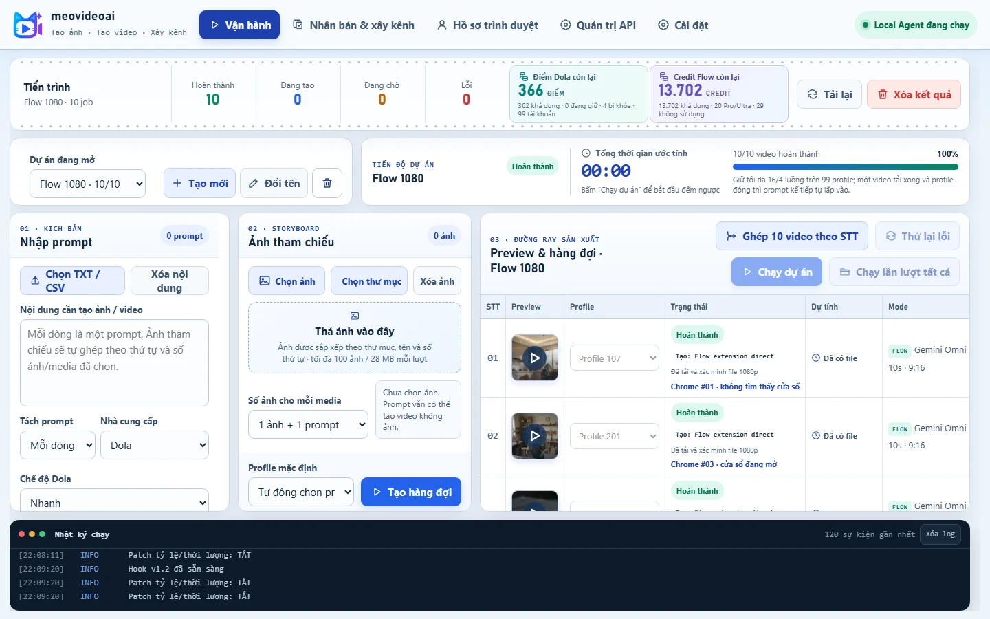 Màn hình vận hành thật của MeoVideoAI 1.1.7 với nhiều hàng đợi và dự án