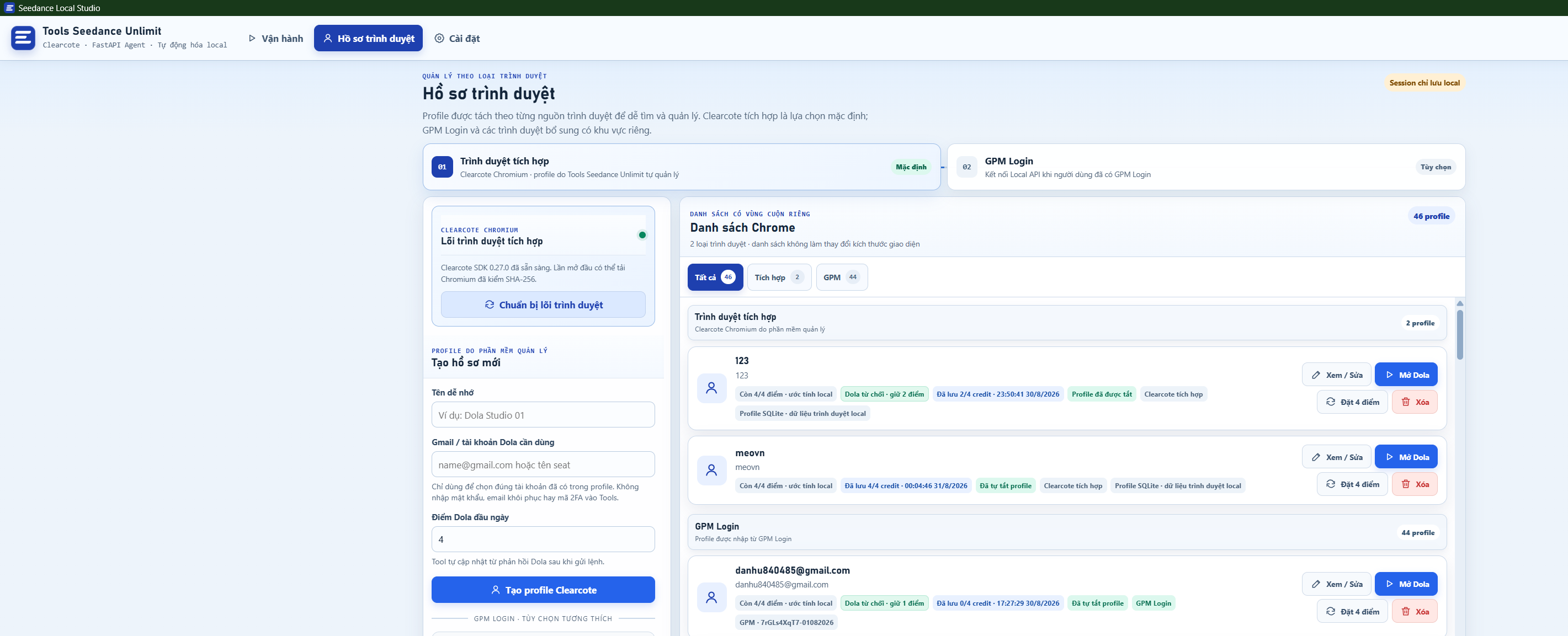 Giao diện quản lý hồ sơ trình duyệt tích hợp và GPM Login